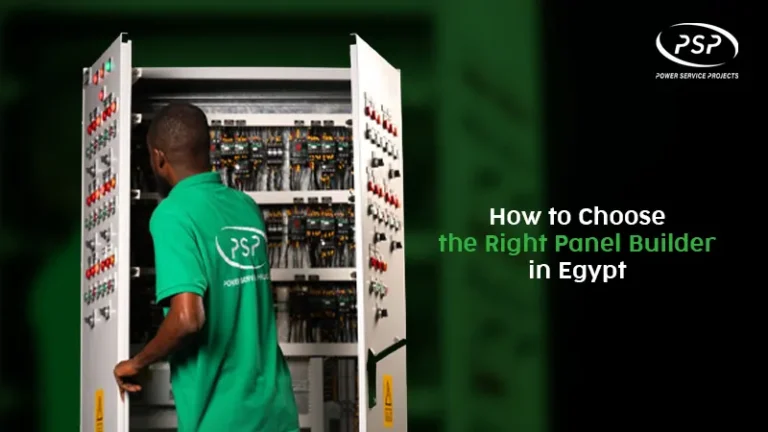 Technician from PSP Egypt working on an industrial electrical control panel cabinet.