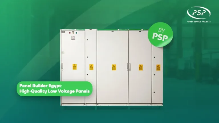 Large white low-voltage electrical panel lineup displayed in an industrial setting with green branded background. Text reads: ‘Panel Builder Egypt: High-Quality Low Voltage Panels.’ PSP logo appears in the top right corner with a green ‘By PSP’ badge.