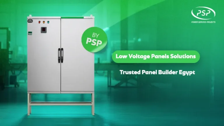 White low-voltage electrical control panel cabinet displayed on a green industrial background. Text reads: ‘Low Voltage Panels Solutions – Trusted Panel Builder Egypt.’ PSP logo appears in the top right corner with a green ‘By PSP’ badge.