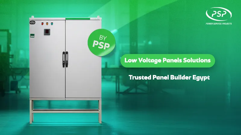 White low-voltage electrical control panel cabinet displayed on a green industrial background. Text reads: ‘Low Voltage Panels Solutions – Trusted Panel Builder Egypt.’ PSP logo appears in the top right corner with a green ‘By PSP’ badge.